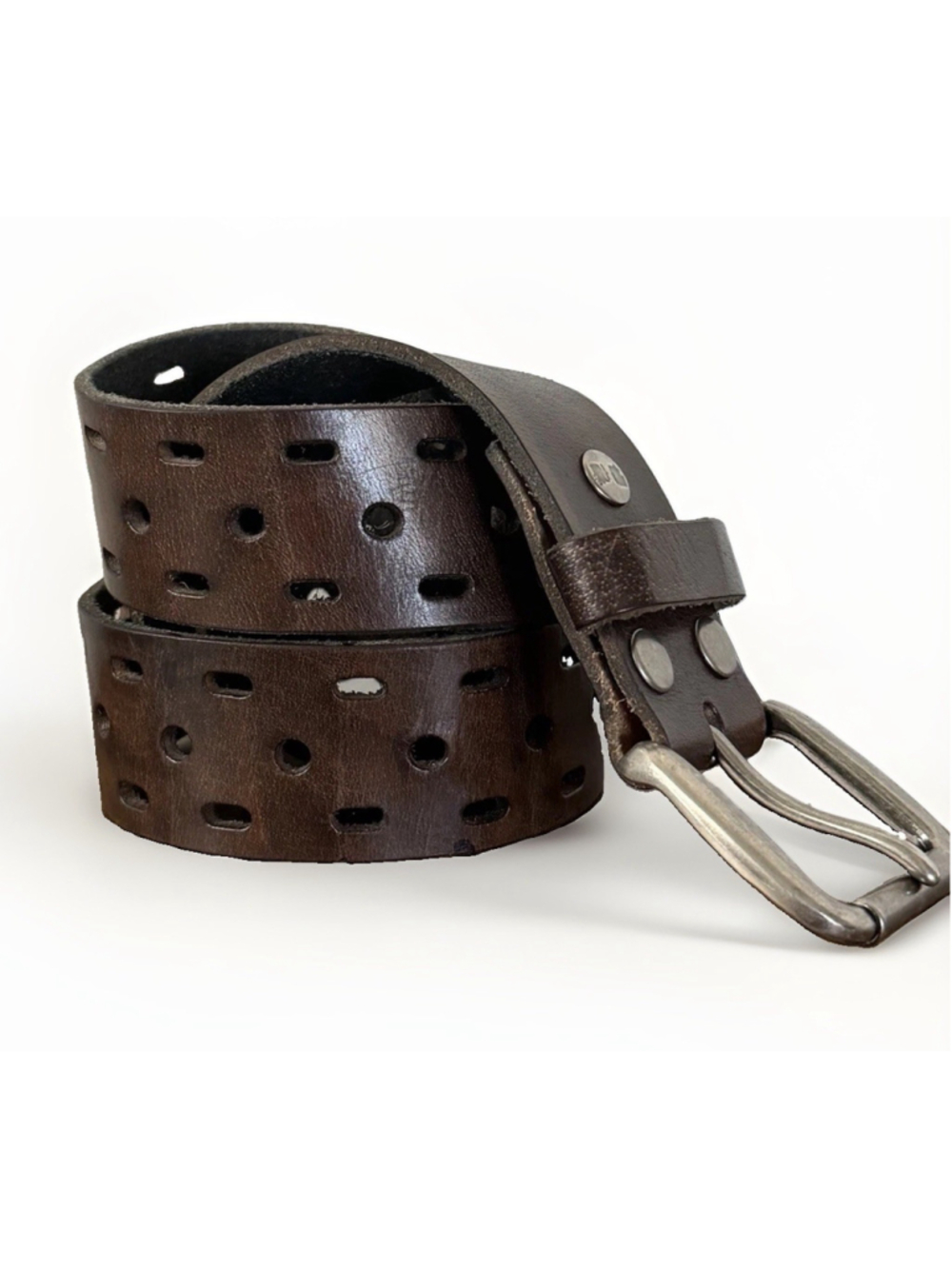 Bed Stu Ramone Brown Leather Perforated Belt Vintage Nickel Buckle 34 Inch